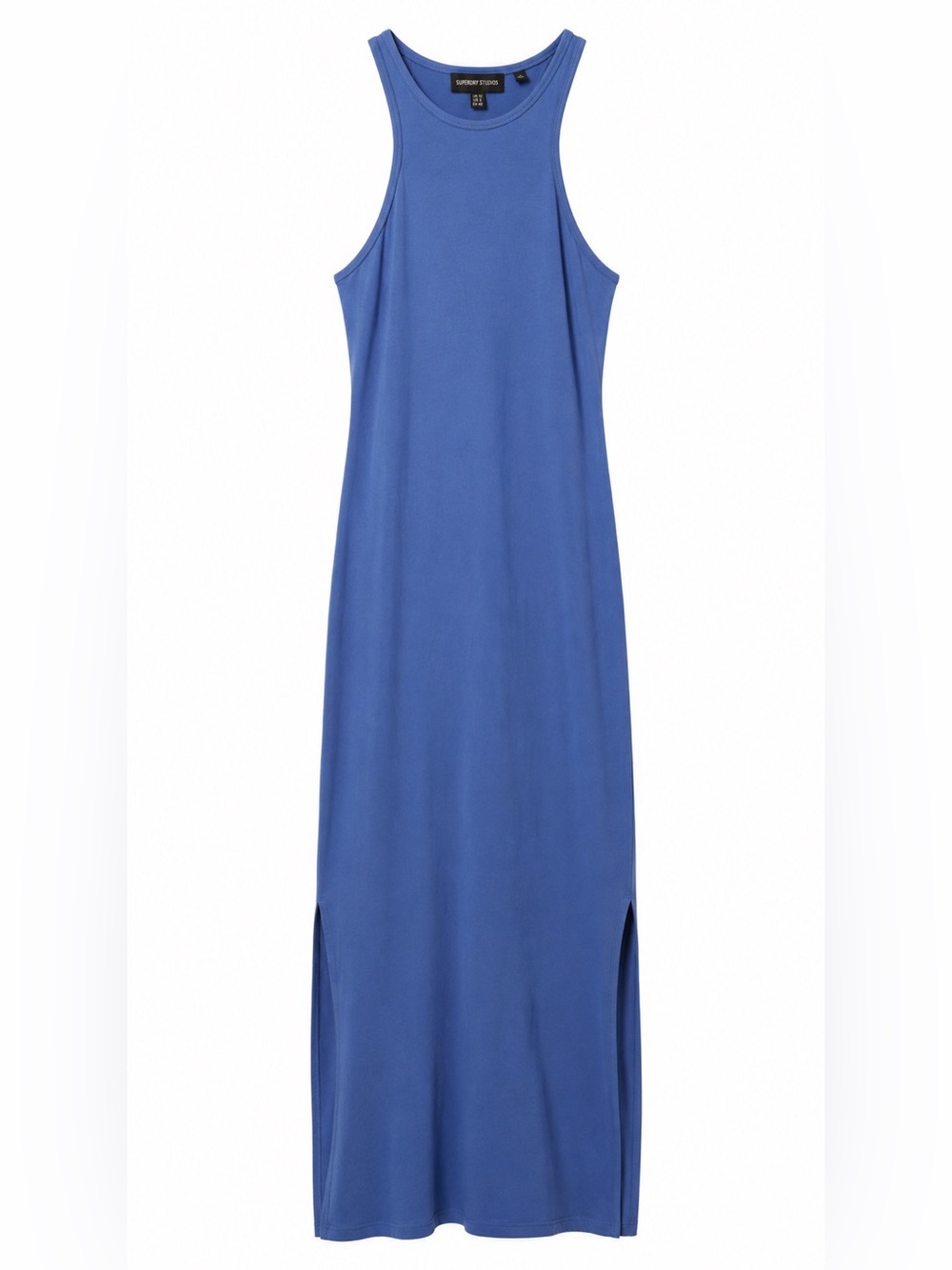 Superdry Studios Jersey Racer Sleeveless Dress Blue Maxi Side Slit US 8